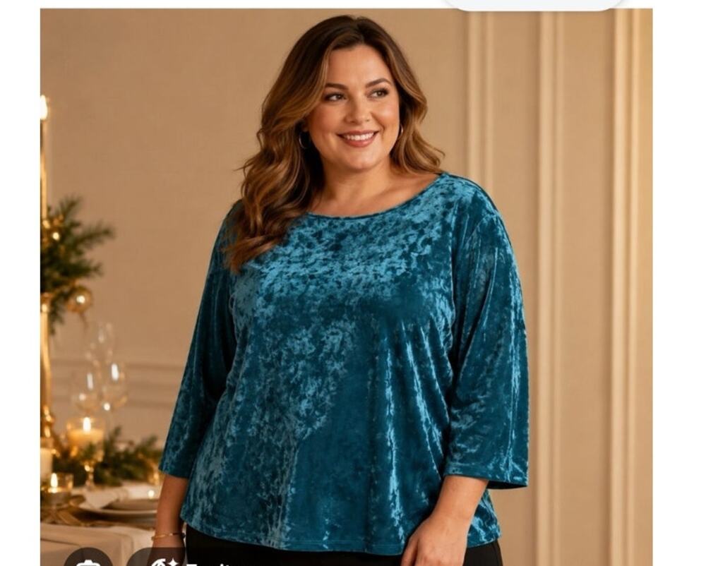 J. Jill Green Crushed Velvet 3/4 Length Sleeve Blouse Women Large